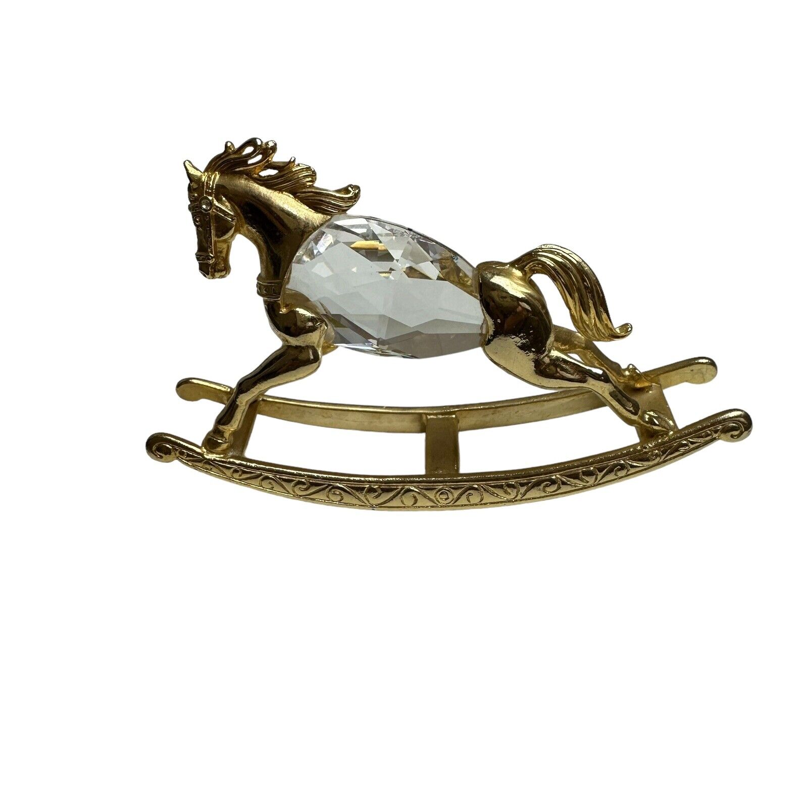 Vintage J.J. Crystal Gold Tone Rocking Horse Figurine Miniature Metal Signed
