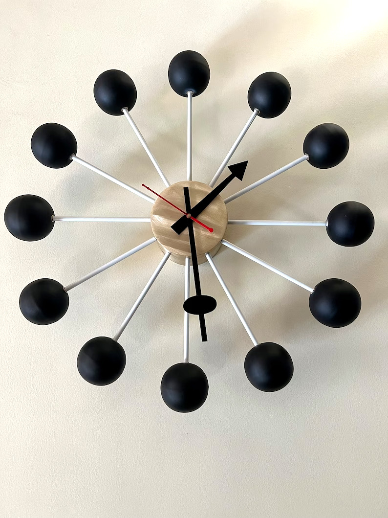 1950's Large Vitra Ball Wall Clock Black & Brushed Brass Metal 18'' in Big Clock