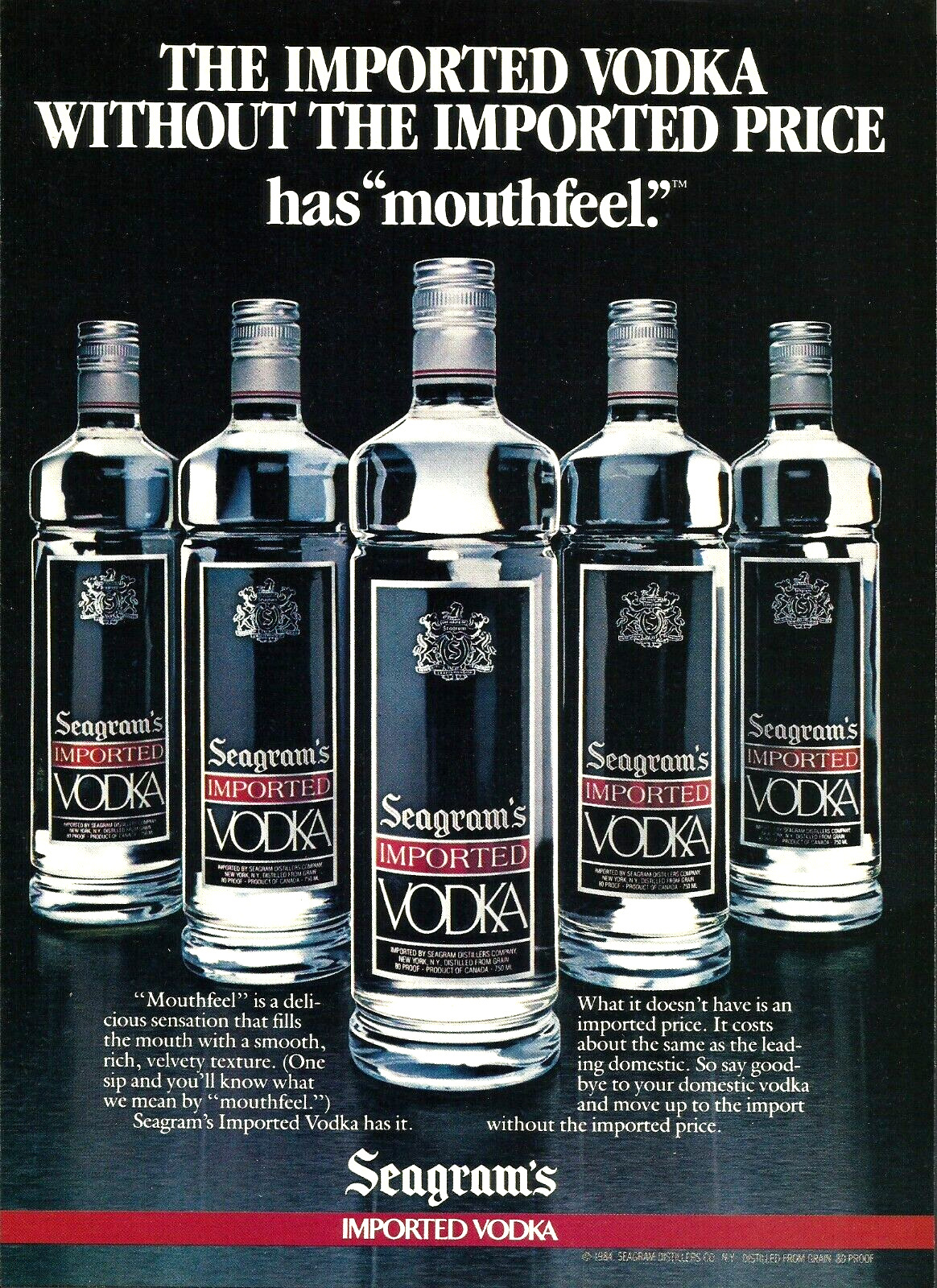 1985 Seagram\'s Imported Vodka Mouthfeel Bar Deco Wall Art vintage Print AD