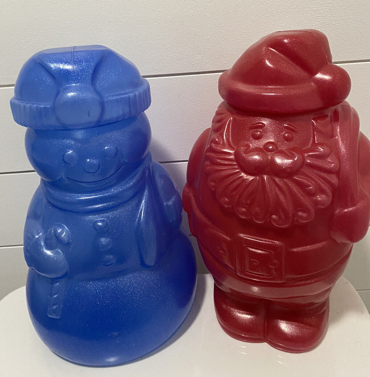 Vintage PackerWare Blow Molds Red Santa Claus & Blue Snowman Plastic Container