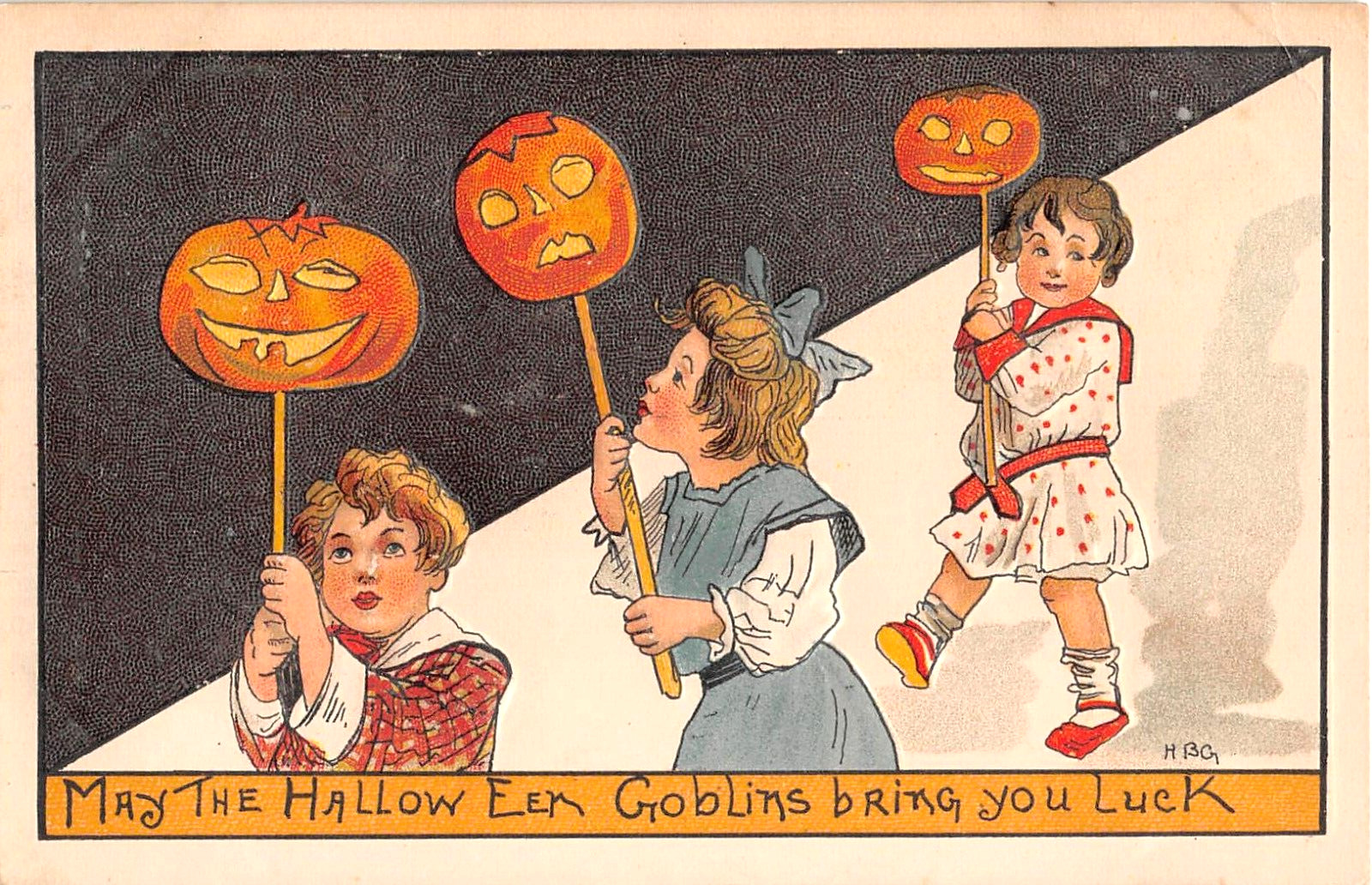 1909 Sgd. HBG Boy & Girls with Jack O\' Lanterns on Sticks Halloween postcard L&E