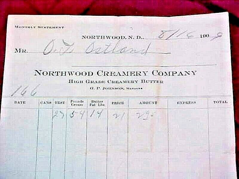 Antique 1909 Northwood ND Creamery Receipt Vintage North Dakota Paper FREE S/H