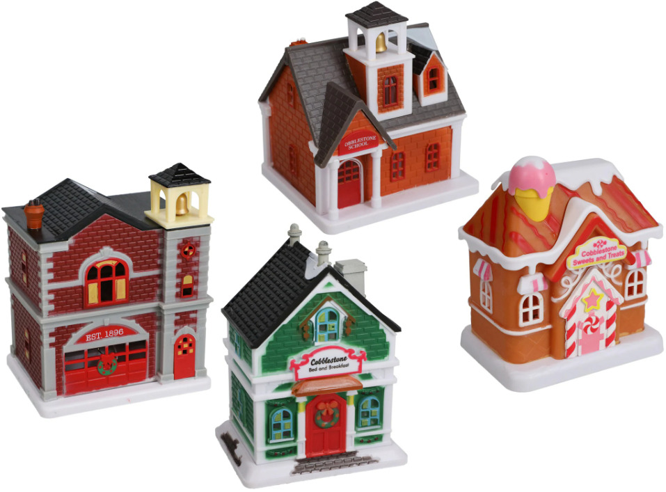 Christmas Winter Village Buildings Set 4 Pack Fire Station Candy Shop School Inn