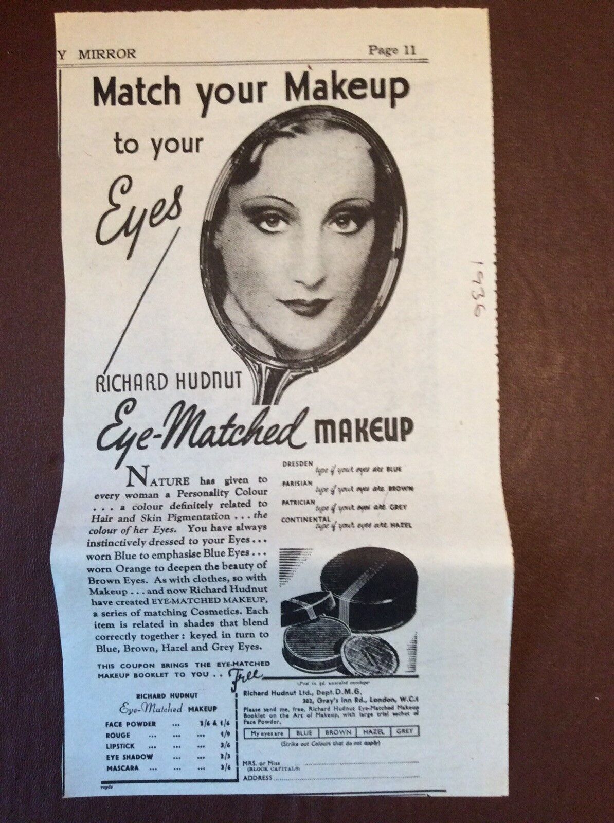 M62-9 Ephemera 1936 Advert Richard Hudnut Eye Matched Make Up