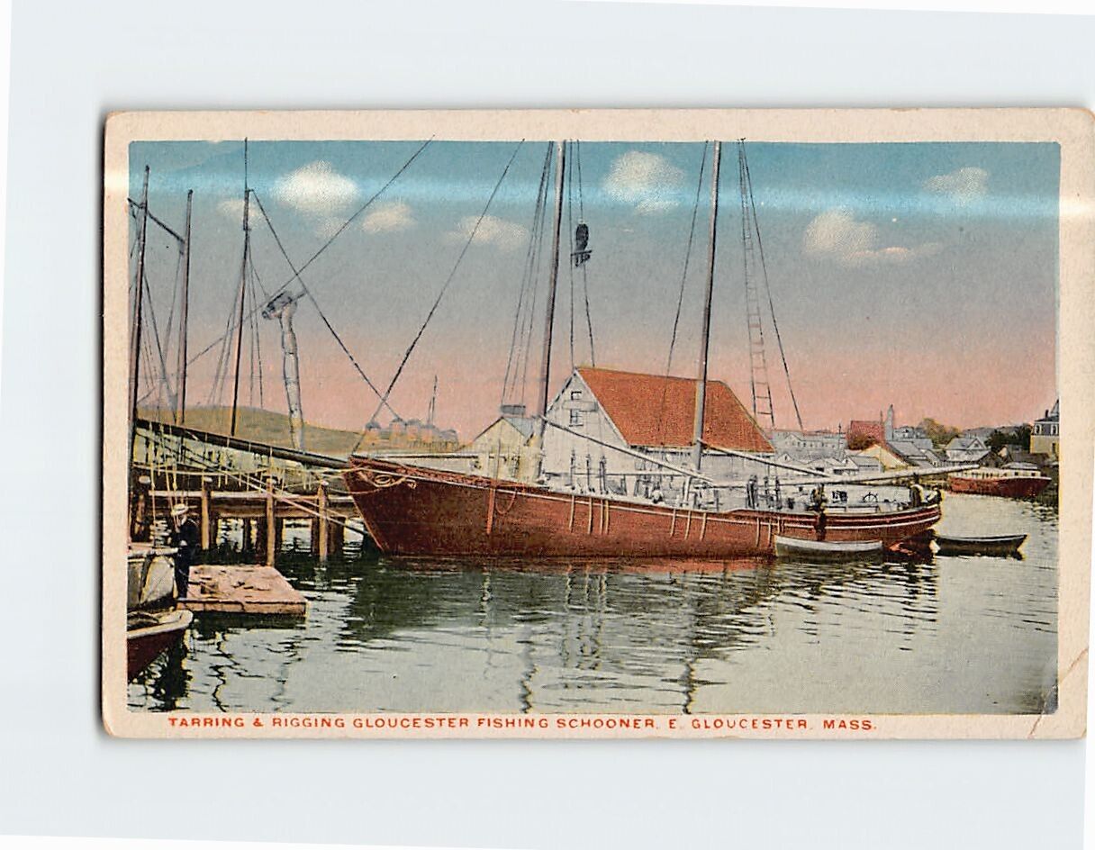 Postcard Tarring & Rigging Gloucester Fishing Schooner Gloucester Massachusetts