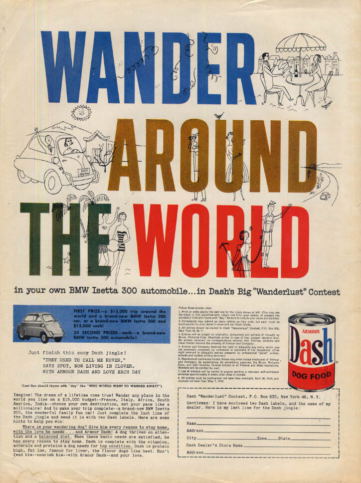 Wander Around the World in a BMW Isetta 300: Dash Dog Food Contest ad 1959 L