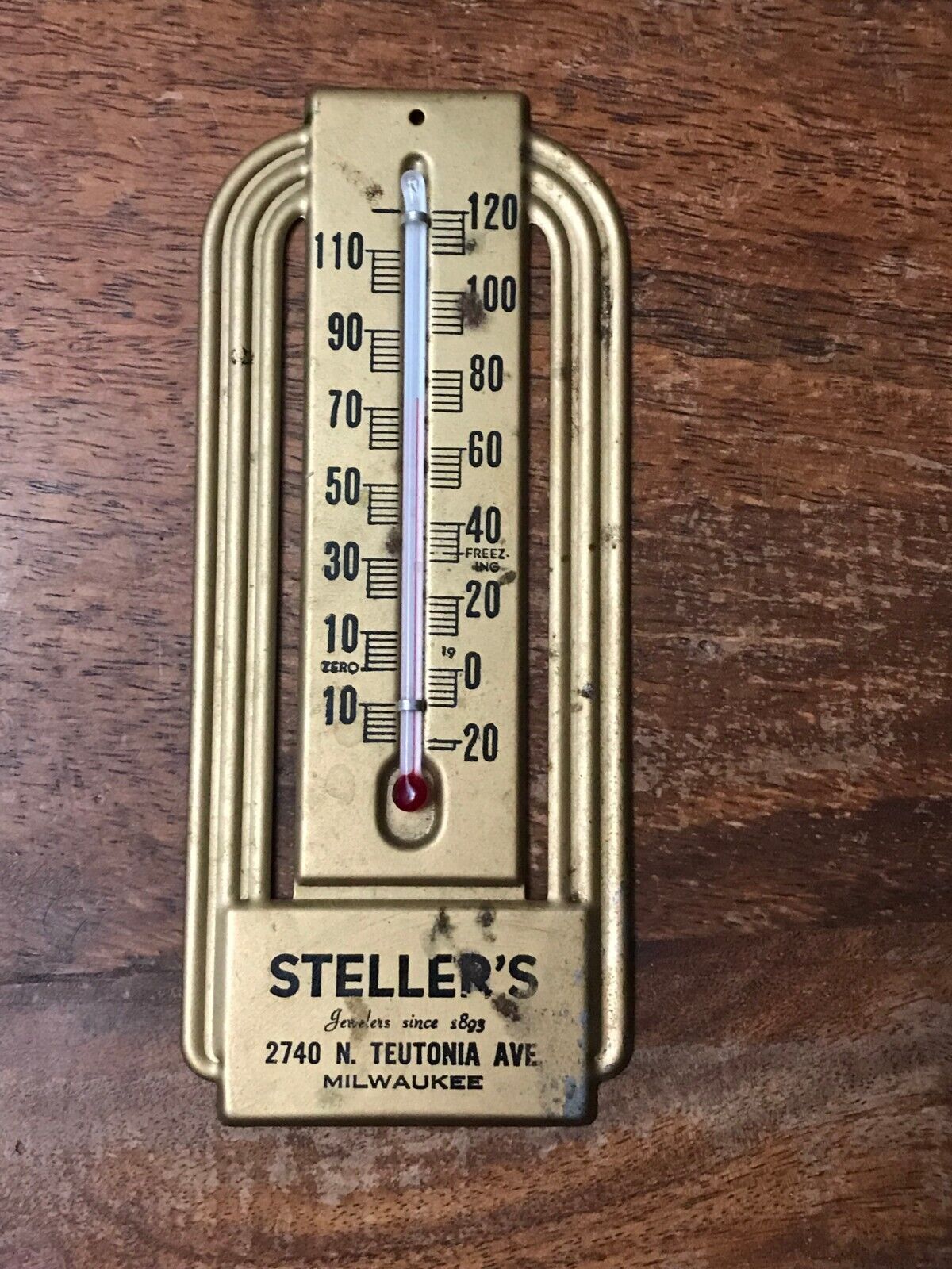 Vintage Art Deco Milwaukee Gold Metal Advertising Thermometer Steller\'s Jewelry