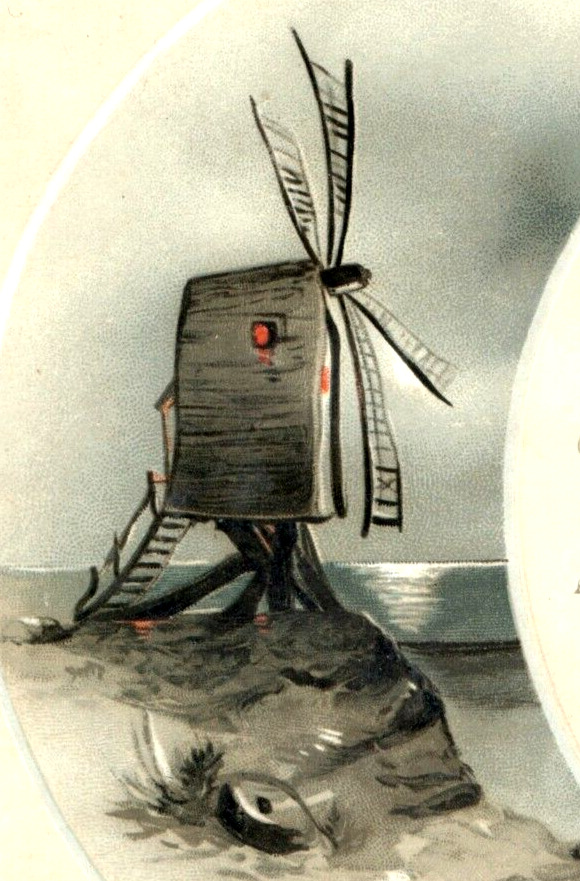 1880s Victorian New Year\'s Card Sea Rocks Windmill Crescent Moon #6D