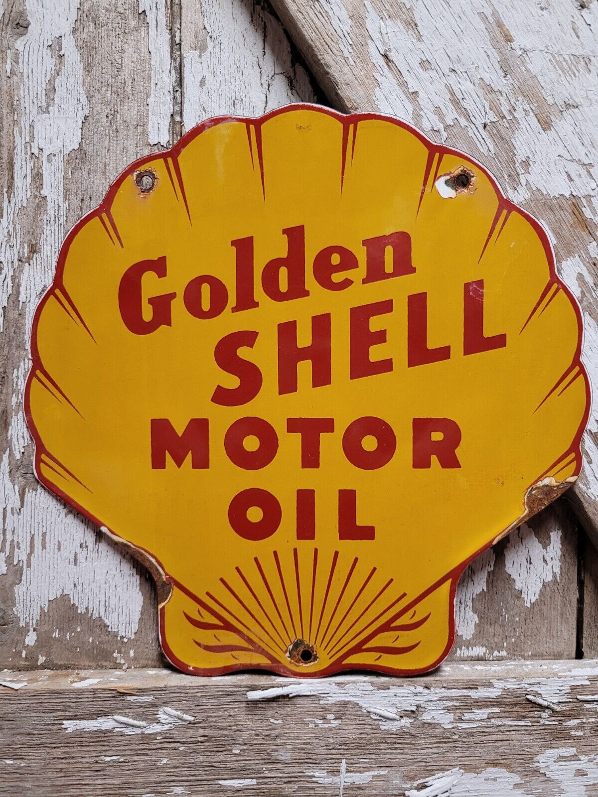 VINTAGE GOLDEN SHELL PORCELAIN SIGN GAS STATION SIGNAGE MOTOR OIL SERVICE GARAGE