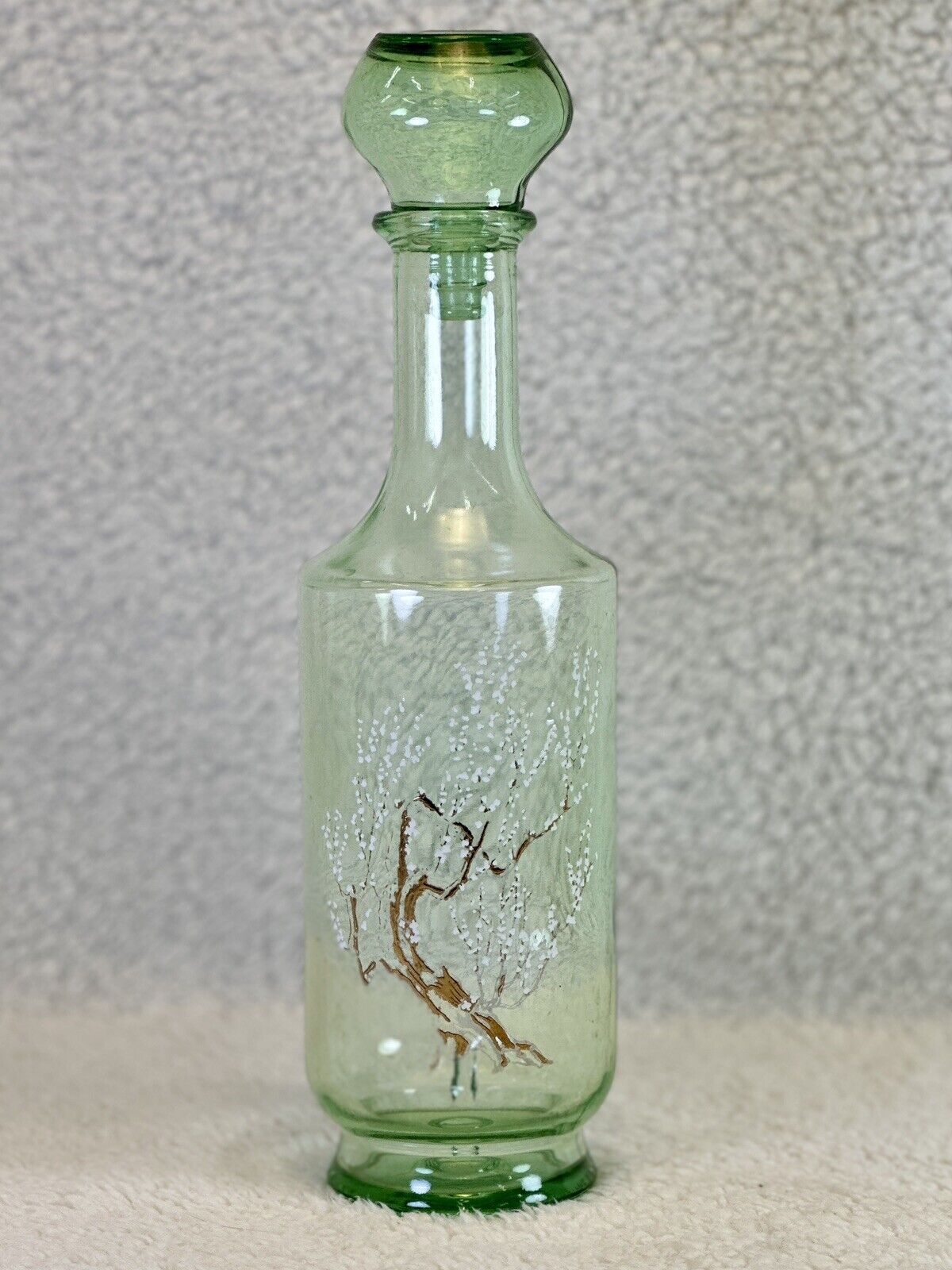 Vintage 1960\'s Green Glass Liquor Alcohol Decanter Gold Tree White Blossom 12\