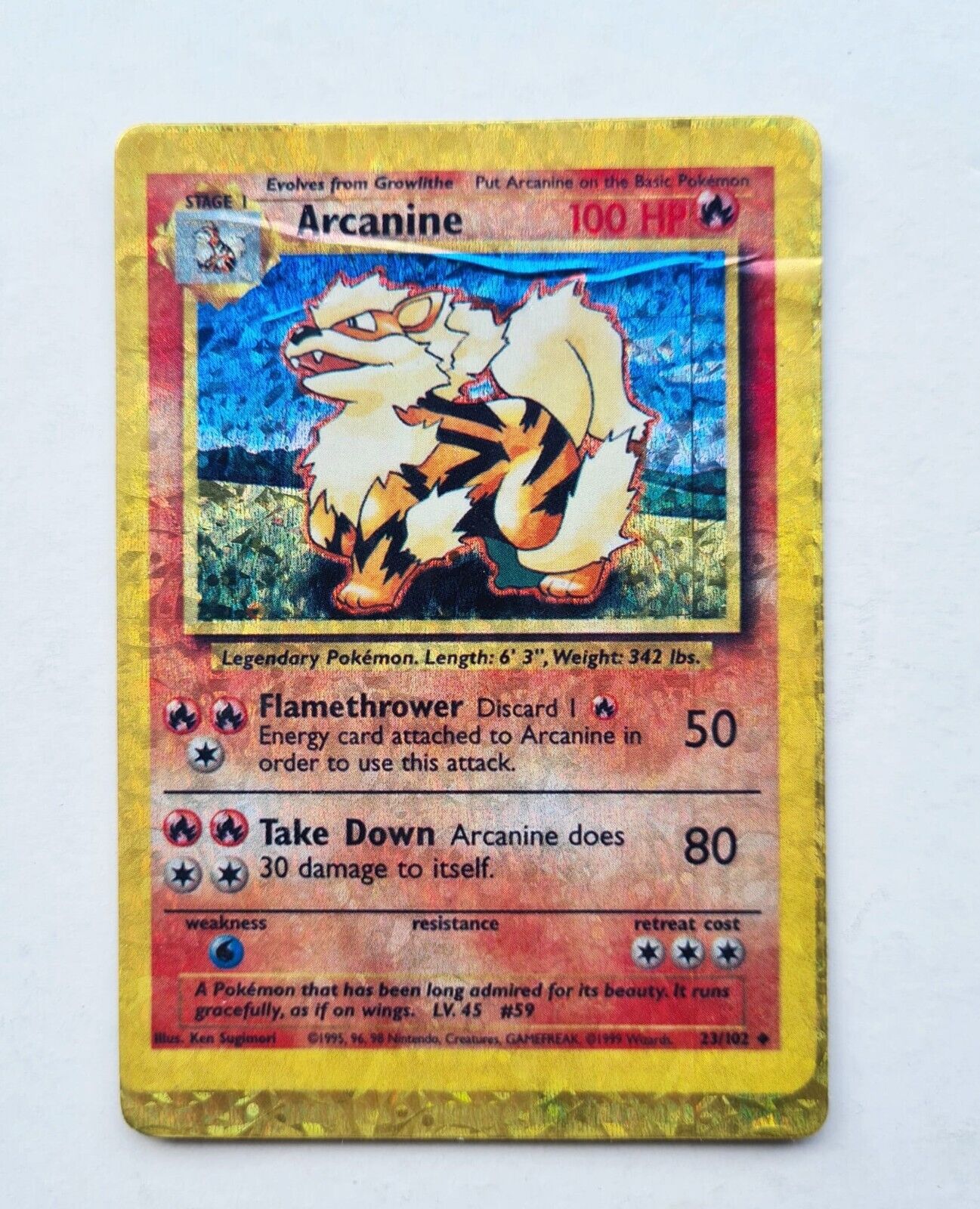 Rare - SHINY Pokémon TCG Arcanine Base Set 23/102 1999 - slight crease 