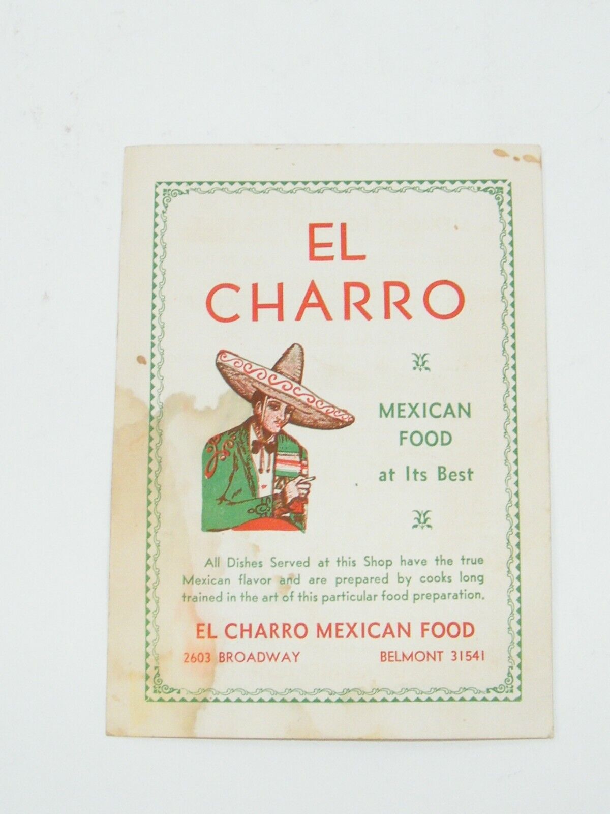 VINTAGE EL CHARRO MEXICAN FOOD AT ITS BEST MENU BROADWAY / BELMONT .25C DINNER