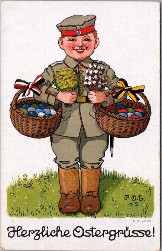 WWI German EASTER Greetings Postcard Soldier in Uniform Egg Baskets 1917 Cancel