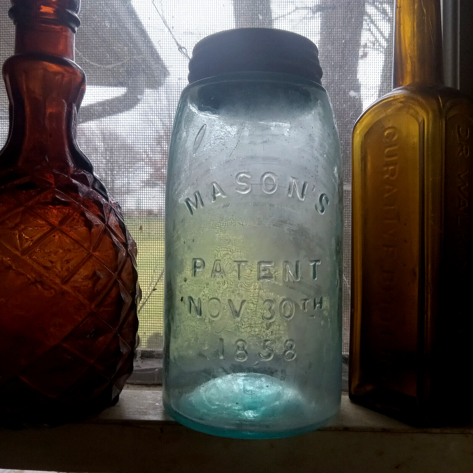 EARLY MASON\'S PATENT NOV 30TH 1858 SMALL BOLD LETTERS FRUIT JAR DUG 1870 PRIVY