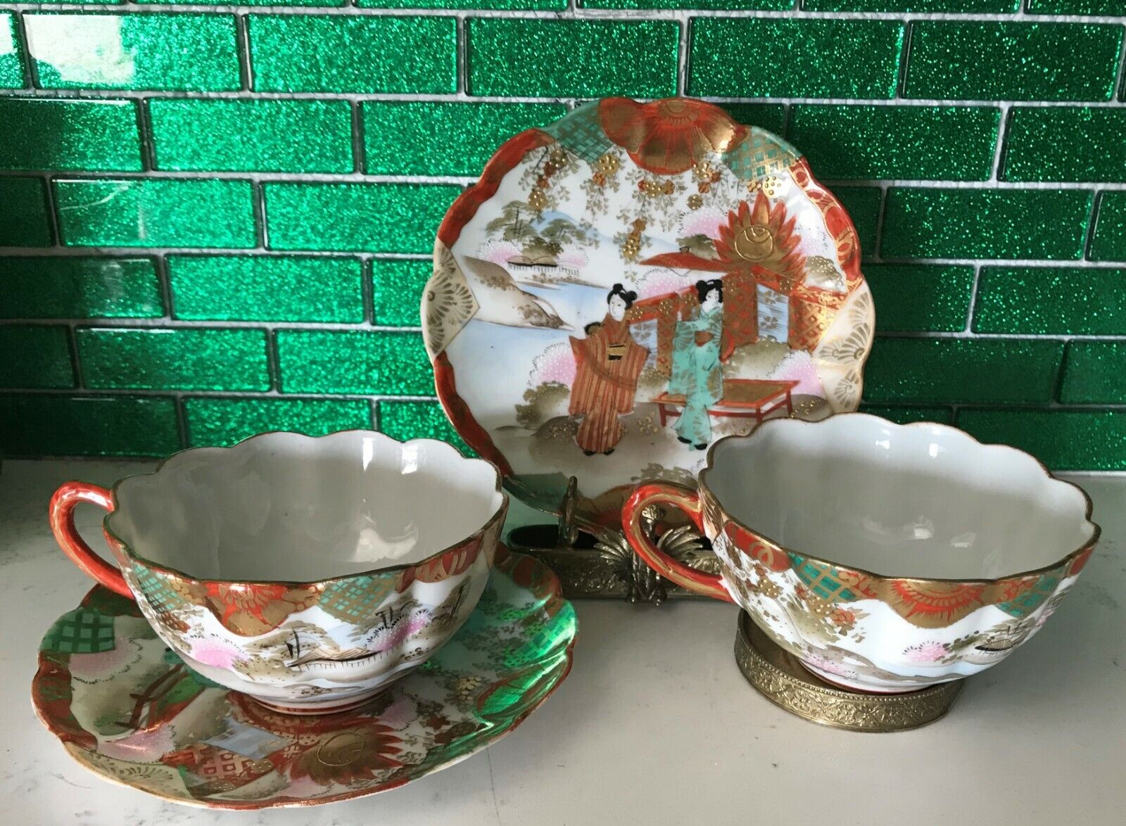 Exquisite Antique Vintage Japanese Handpainted Geisha Cups & Saucers 2 Sets RARE
