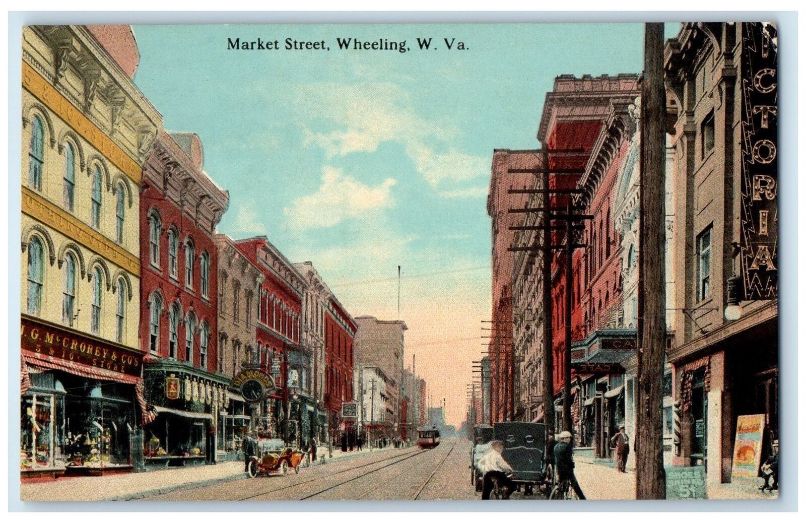 c1910\'s Market Street Establishments Classic Cars Railroad Wheeling WV Postcard