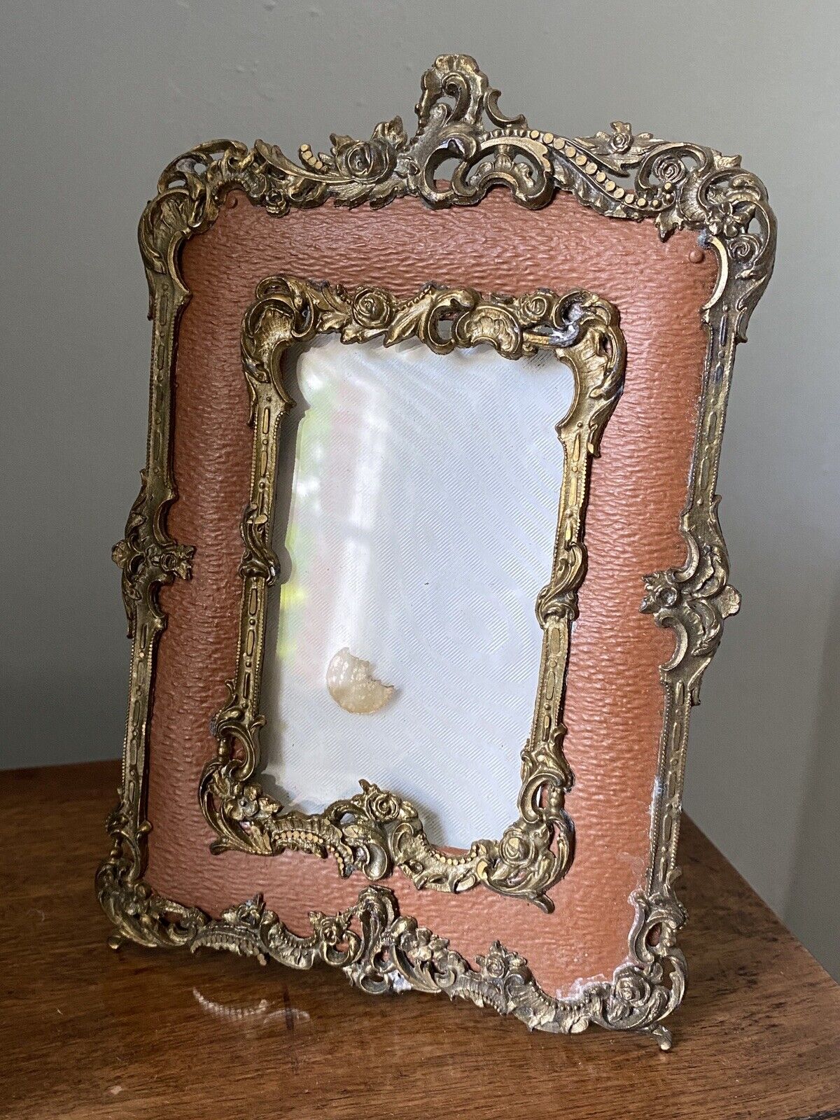 VINTAGE 1950s brown leather effect brass Rococo style photograph frame