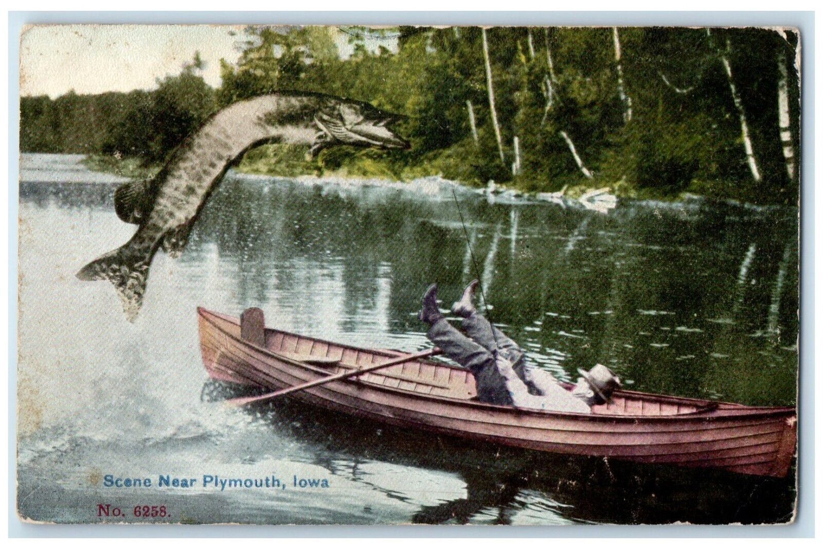 1910 Scene Near Bass Fishing Canoe Boat Plymouth Iowa Vintage Antique Postcard