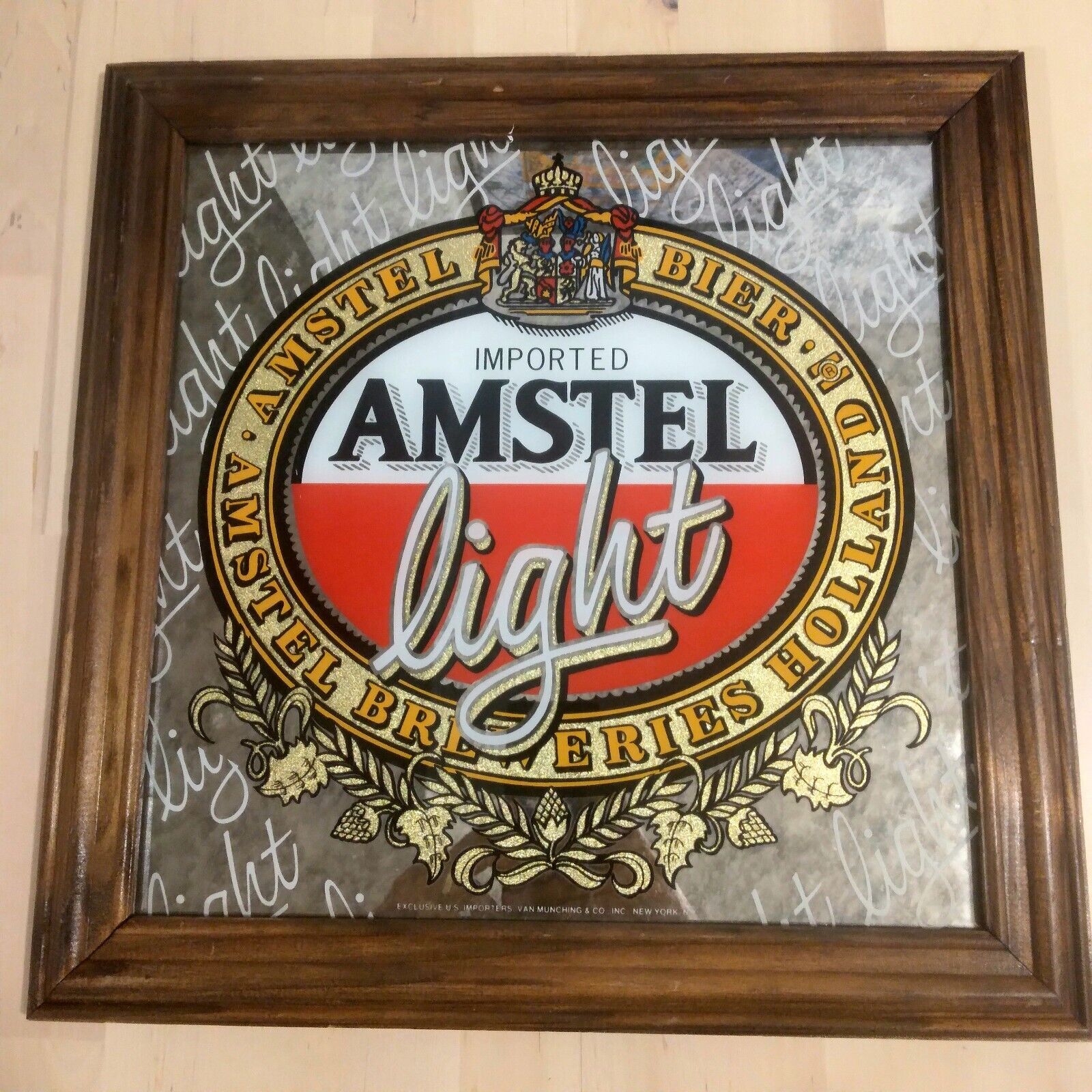 Imported Amstel Light Mirror Sign, Square Wood frame, Vintage