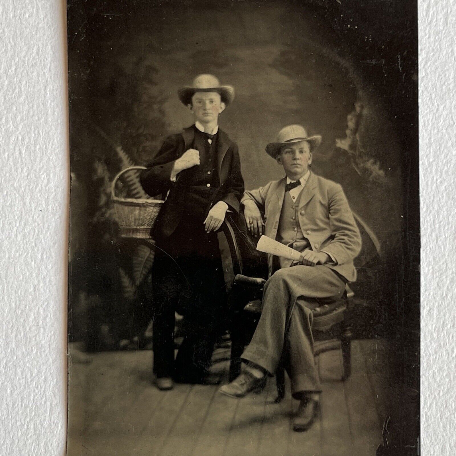 Antique Tintype Photograph Dapper Young Men Document Sharp Attire Hats Basket