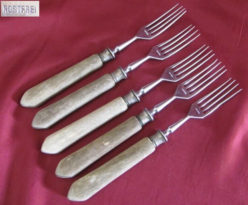 ANTIQUE 19C. 5PCS CUTLERY FORKS ROSTFREI MARKED WOODEN HANDLES