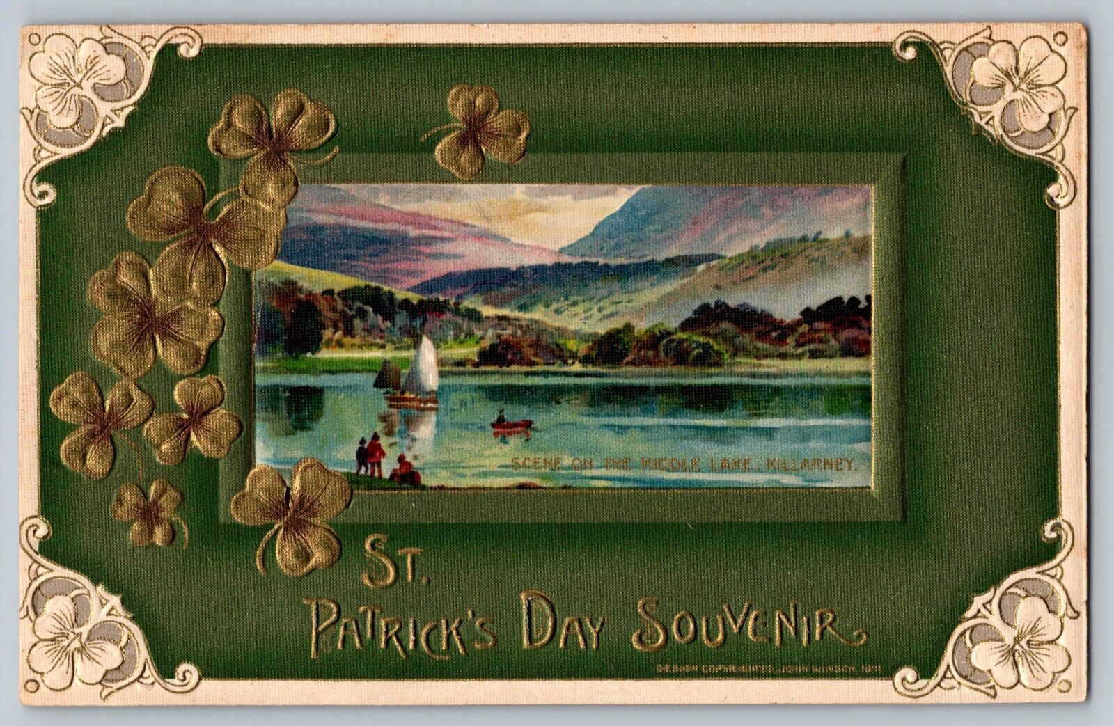 1913 PC SAINT PATRICKS DAY SOUVENIR by Winsch INSERT LAKE SCENERY