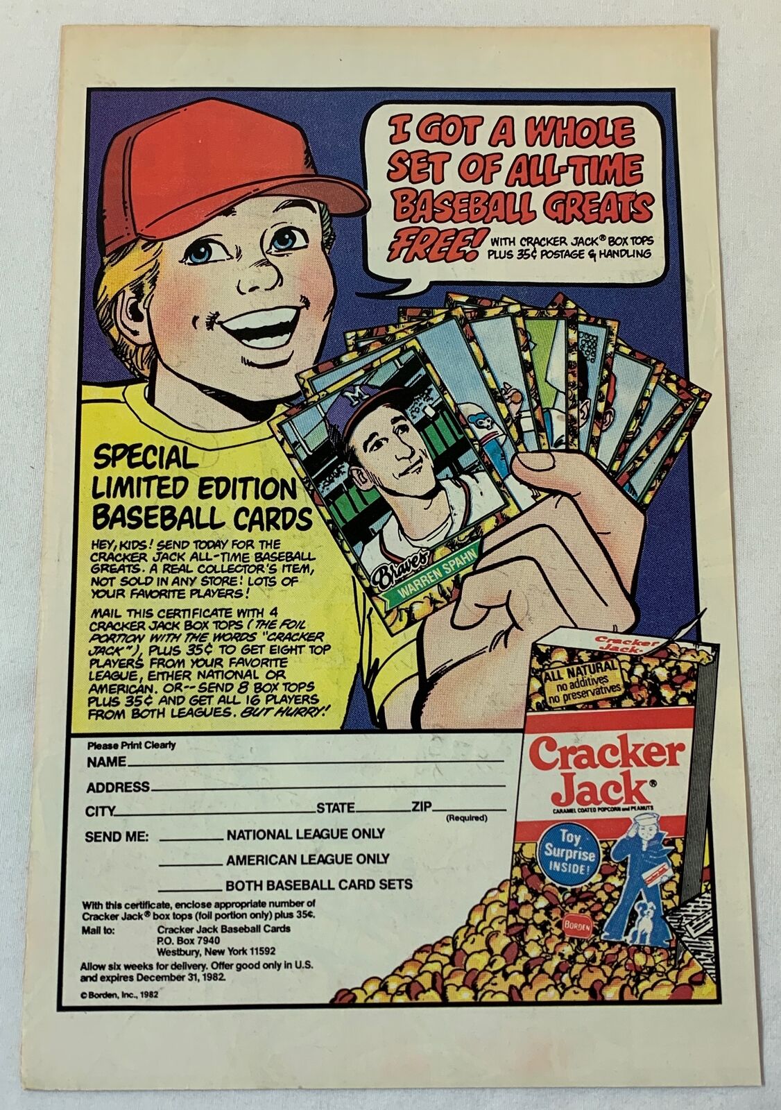 1982 CRACKER JACK ad page ~ BASEBALL CARDS Warren Spahn