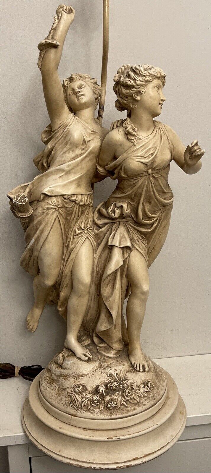 Vtg 45” Figural Chalkware Draped Gowned Roman Greek Woman Pheasant Lamp Deco MCM