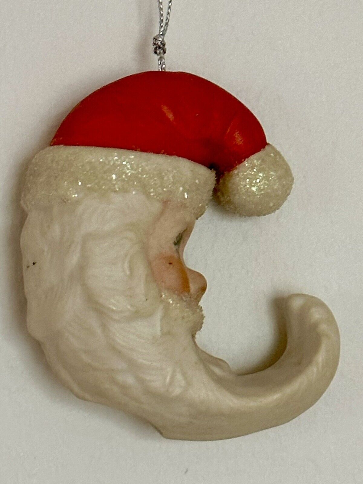 Vintage Santa Claus Crescent Moon Ornament Bisque Porcelain Handpainted Glitter