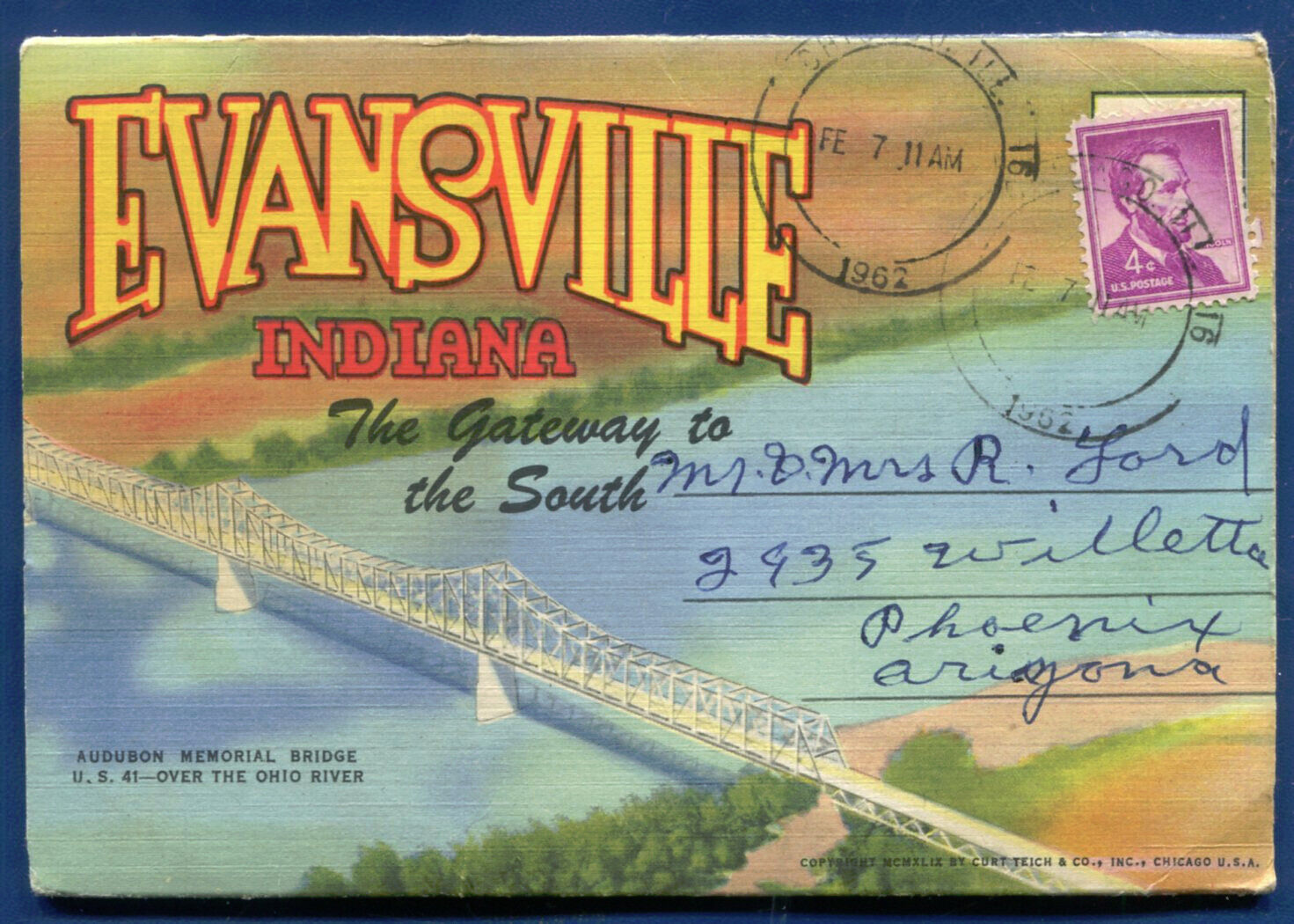 Evansville Indiana Main Street night Day Views Ohio River postcard folder #2
