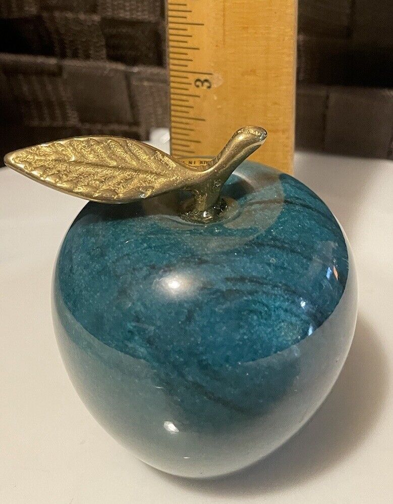 Vintage MCM Green Granite Apple with Brass Stem and Leaf Paperweight
