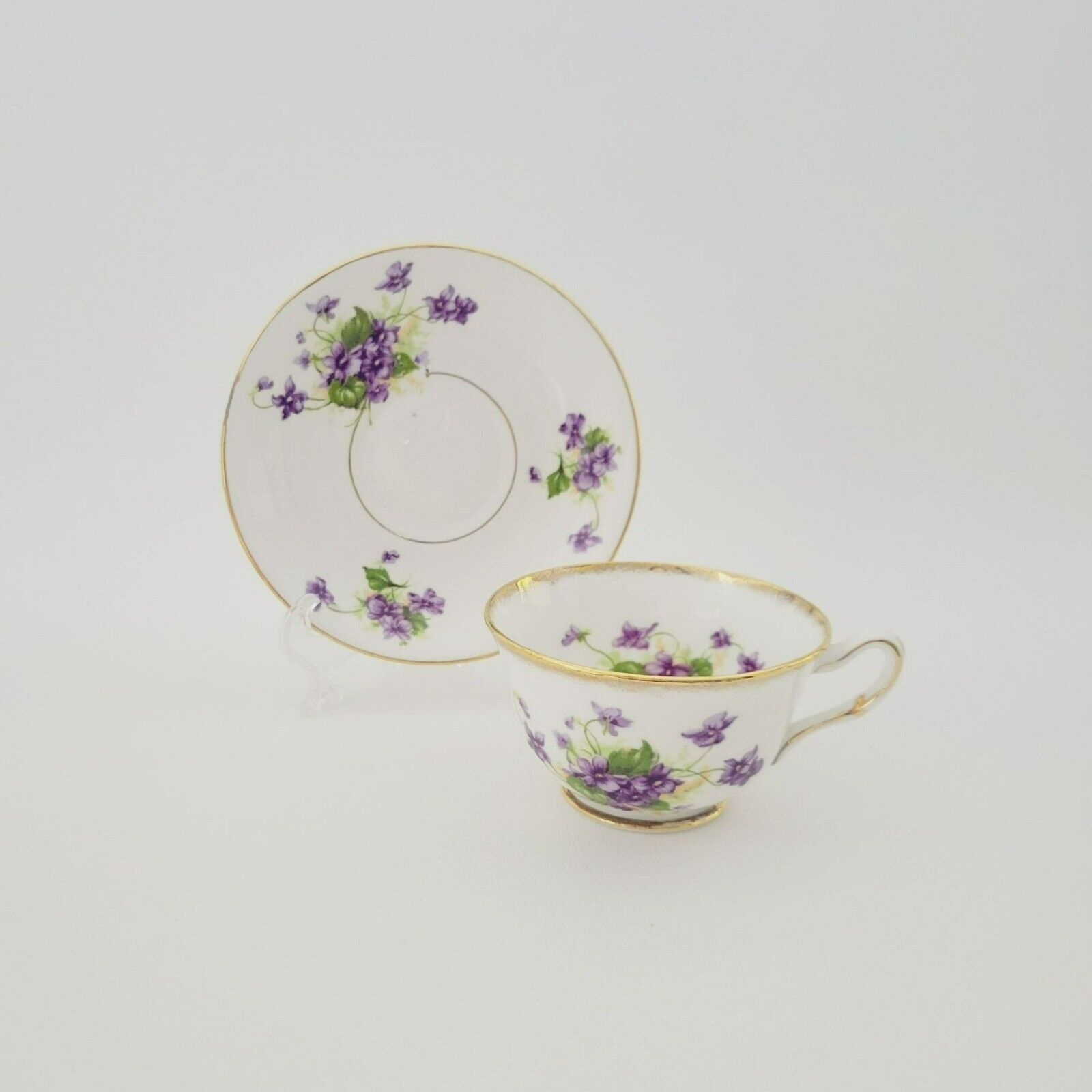 T.F. & S. Phoenix Violets Teacup & Saucer Gold Trim Purple Floral c1950s England