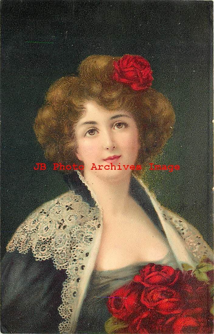 Pretty Well Dressed Woman Wearing a Rose in Hair & Holding Bouquet of Roses