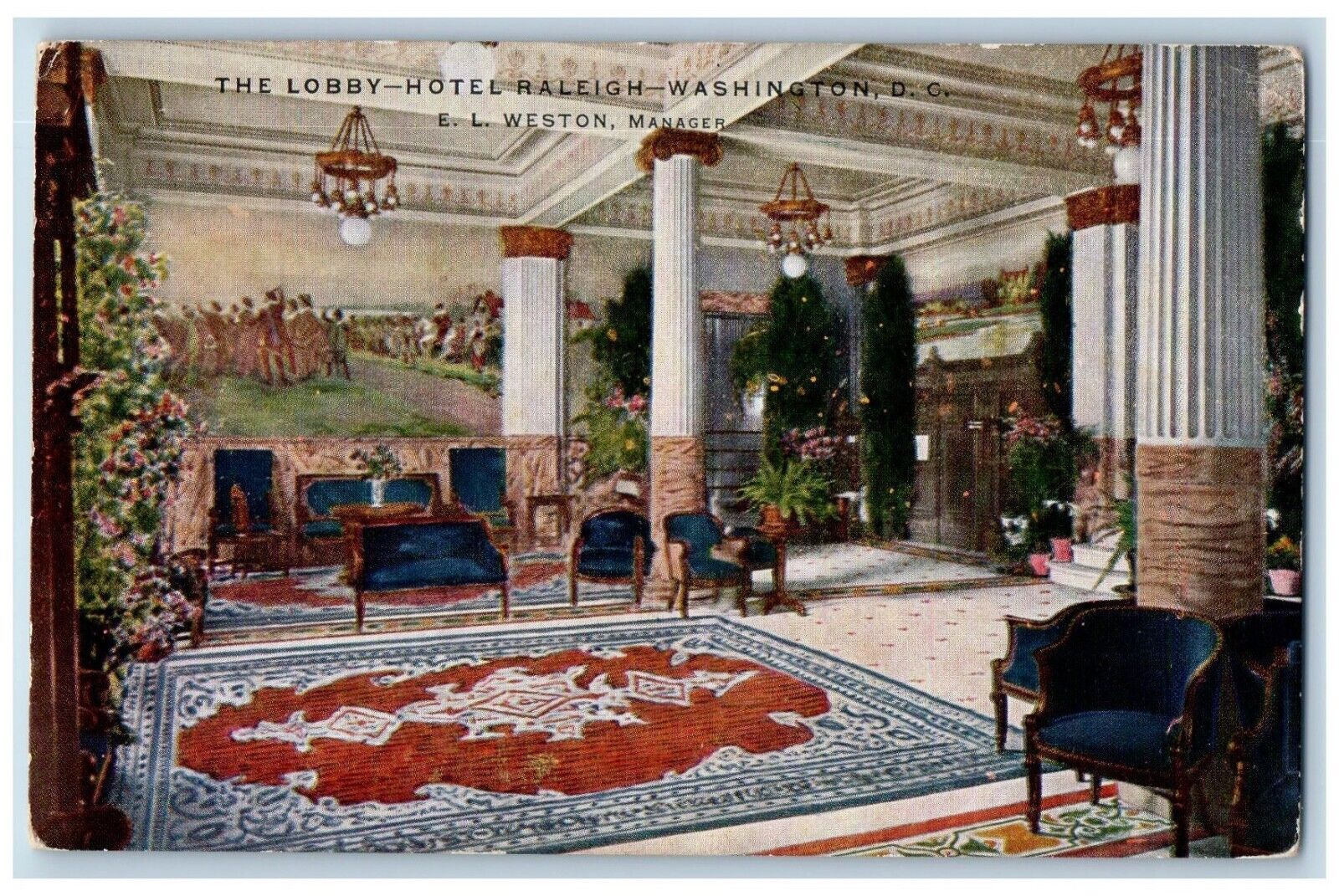 Washington DC Postcard The Lobby Hotel Raleigh Interior View c1910's Antique