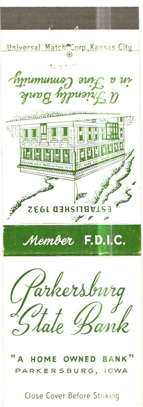 Parkersburg State Bank, Parkersburg, Iowa Member FDIC Vintage Matchbook Cover