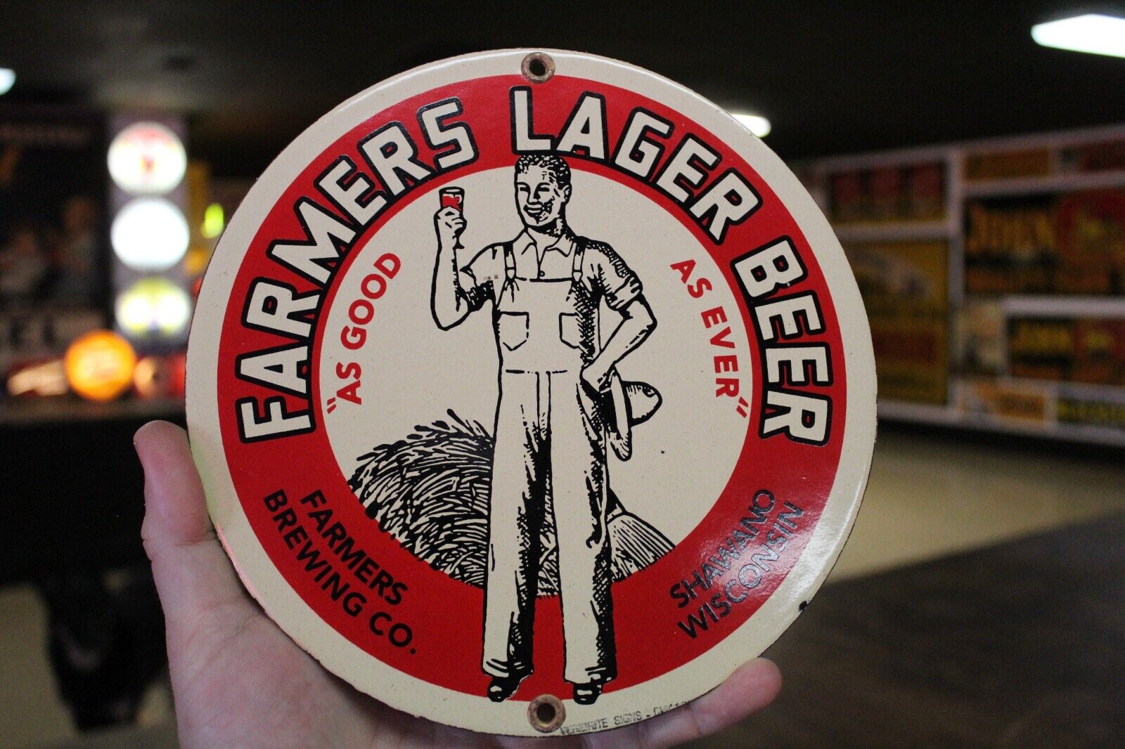 RARE FARMERS LAGER BEER SHAWANO BREWING  DEALER PORCELAIN METAL SIGN WISCONSIN
