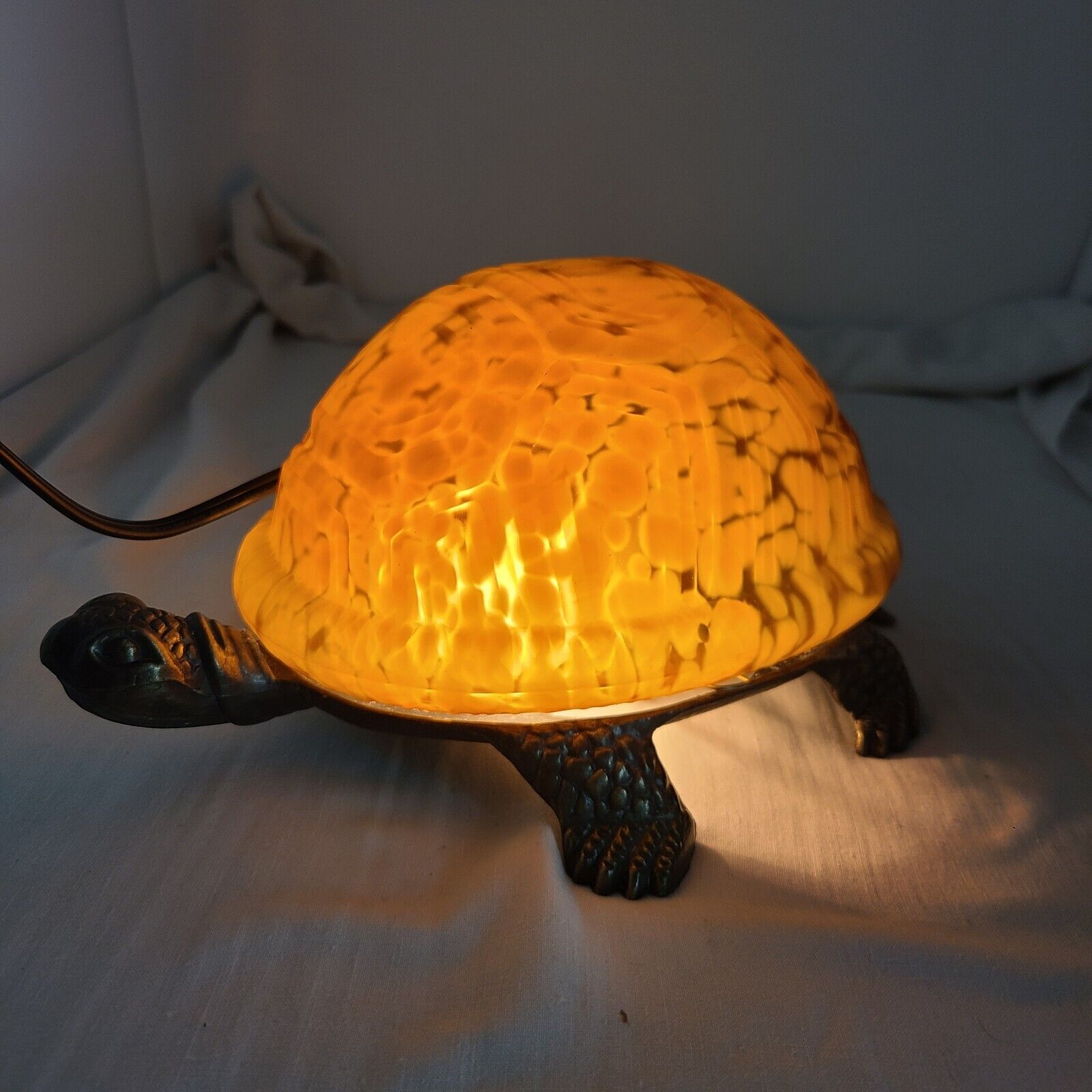 Vtg Turtle Lamp Amber Glass Shell Night Light  Tiffany Style Brass Alloy Base