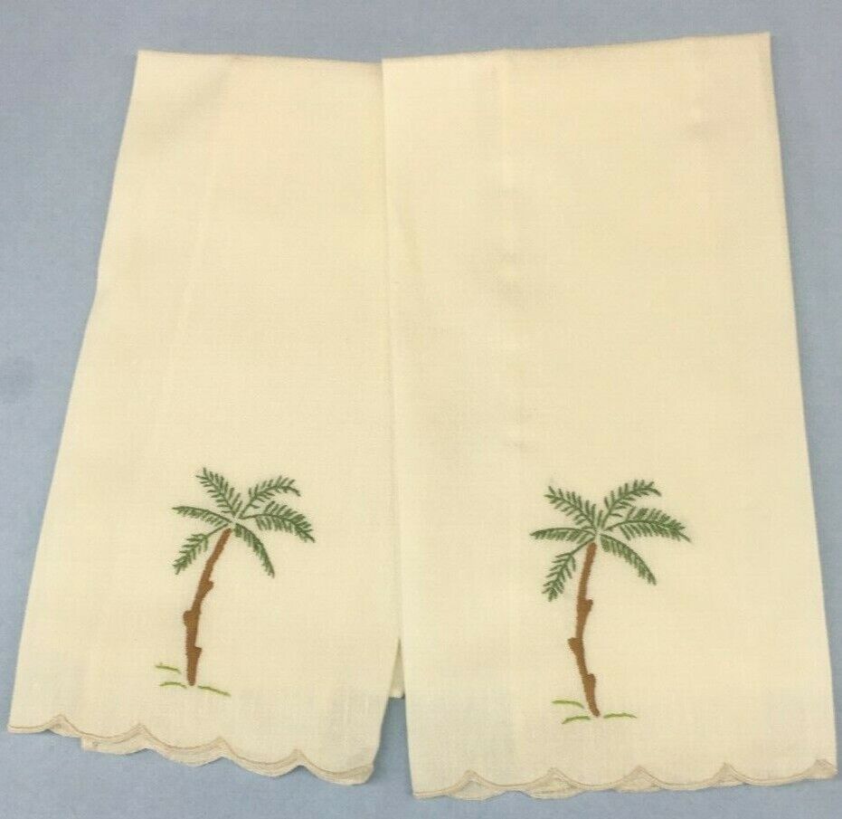 Pair Hand Embroidered Palm Tree Ecru Linen Guest Towel 2 pc set  