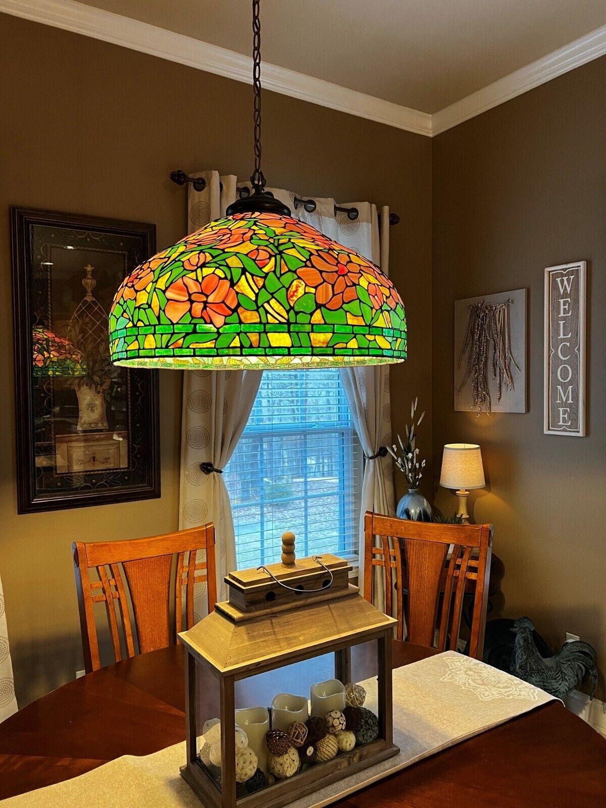 Vintage 60's Tiffany style Stained Glass Hanging Lamp