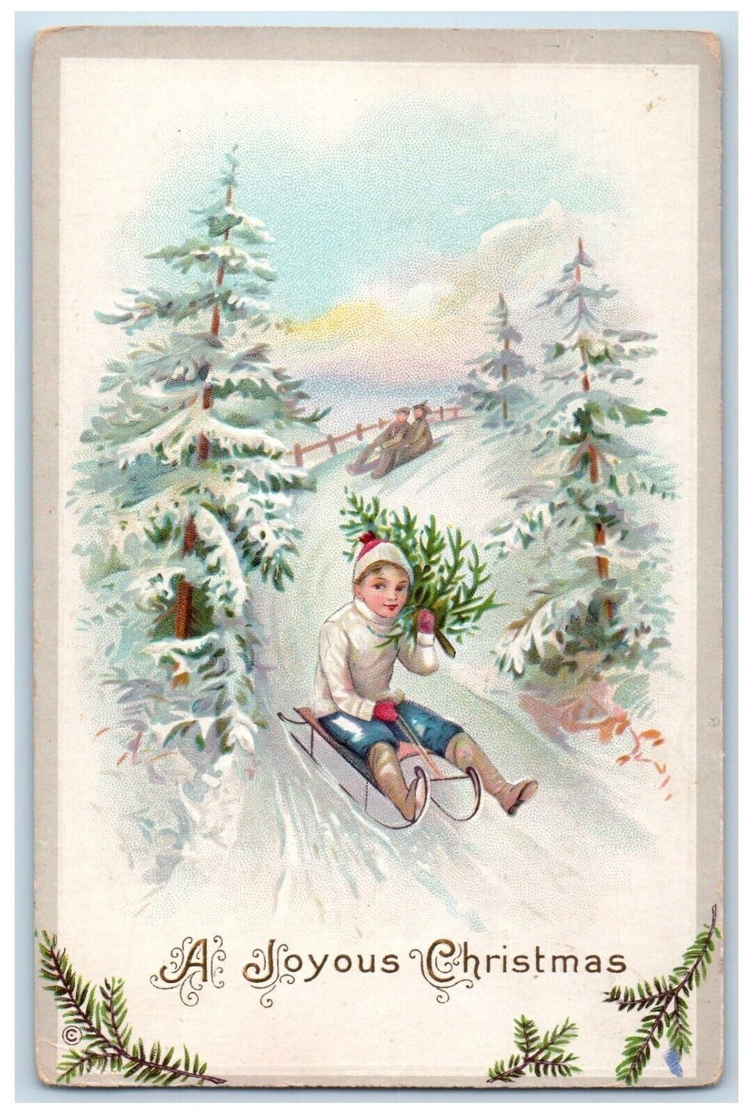 c1910's Christmas Boy Sledding Winter Pine Trees Embossed Antique Postcard
