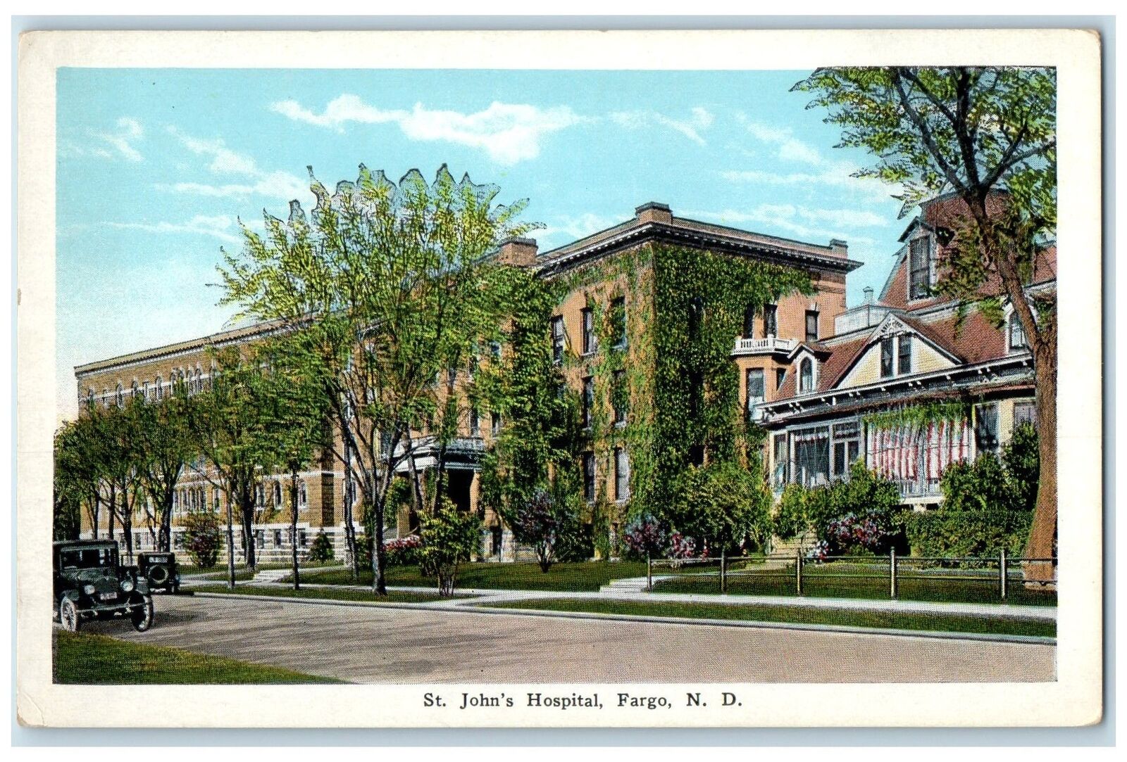c1920's St. John's Hospital Building Classic Cars Fargo North Dakota Postcard