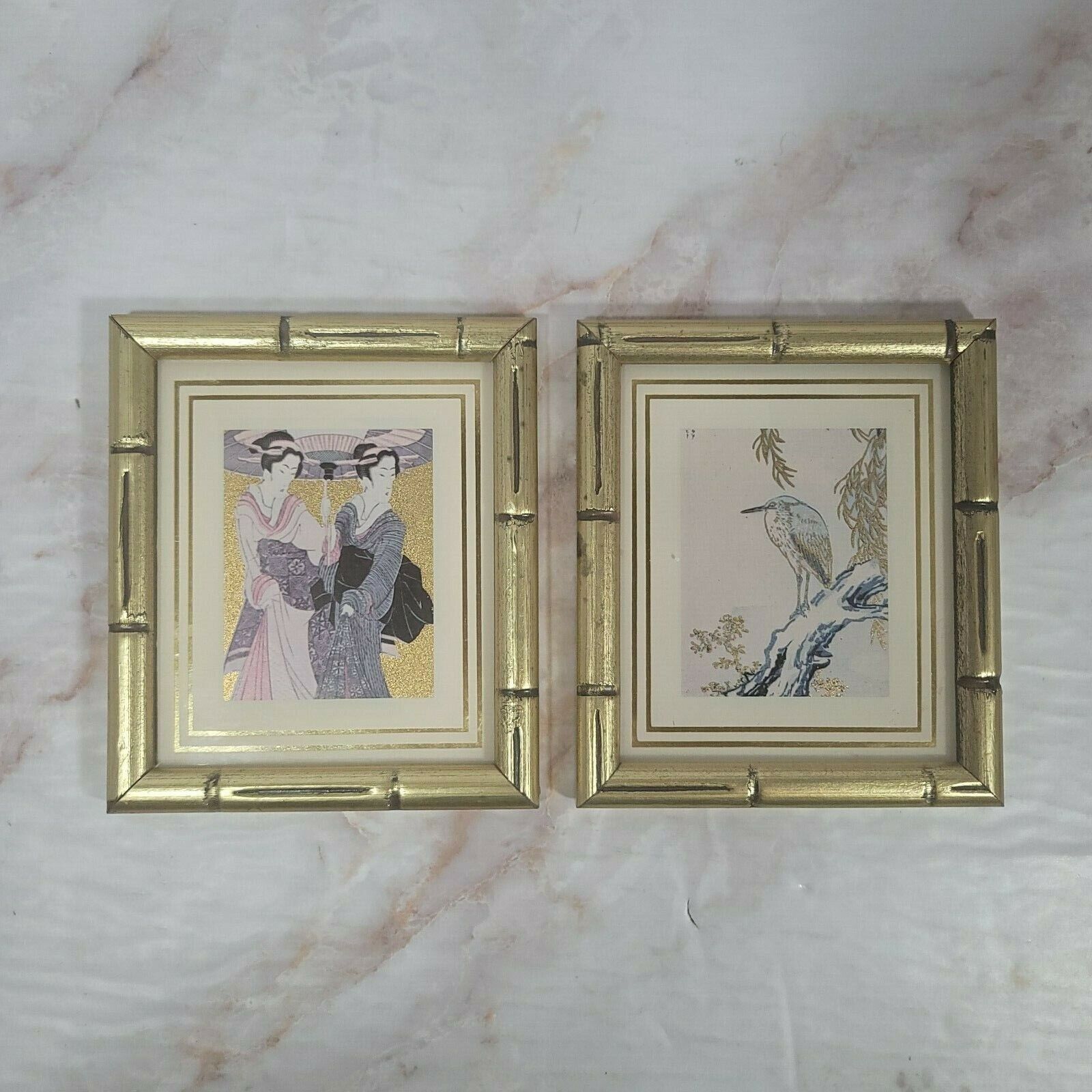 Set of Gold Bamboo Framed Asian Art Gilded Women w/ Umbrella & Bird