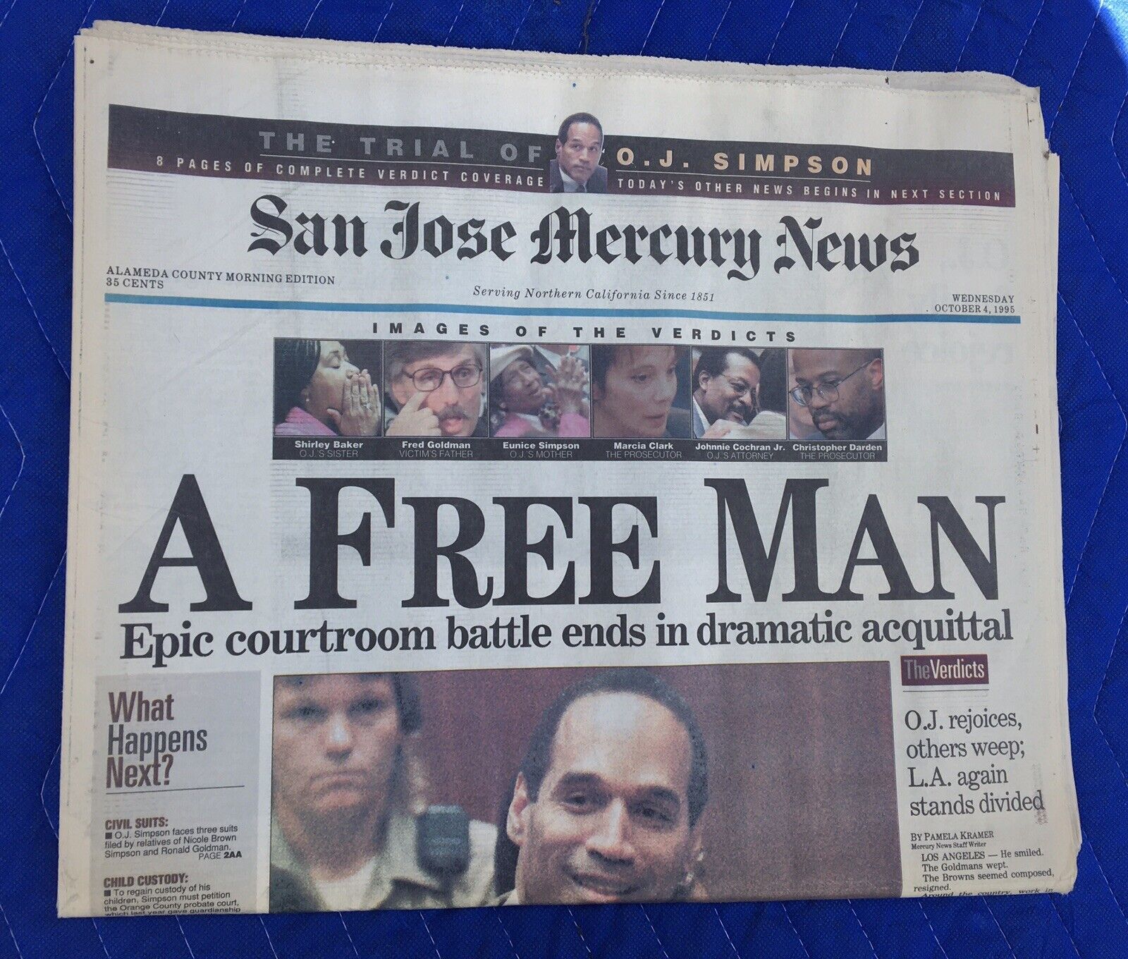 A FREE MAN O.J. SIMPSON FREED & AQUITTED NEWSPAPER OCTOBER 4 1995 COMPLETE OJ