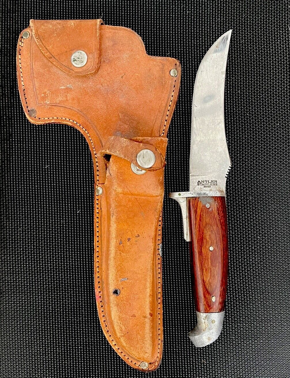 Vintage Antler Stainless Japan Hunting Knife W/ Leather Sheath No Hatchet