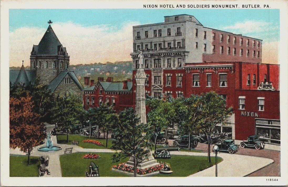 Postcard Butler, PA Nixon Hotel Soldiers Monument 1920\'s Automobiles Vtg
