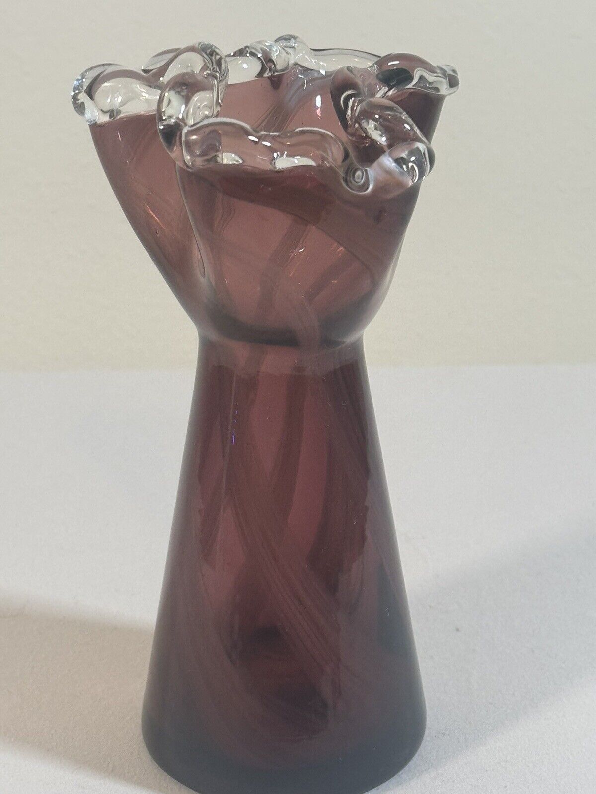 Handblown Art Glass purple white &clear Vase 6¼” Ruffled Rim