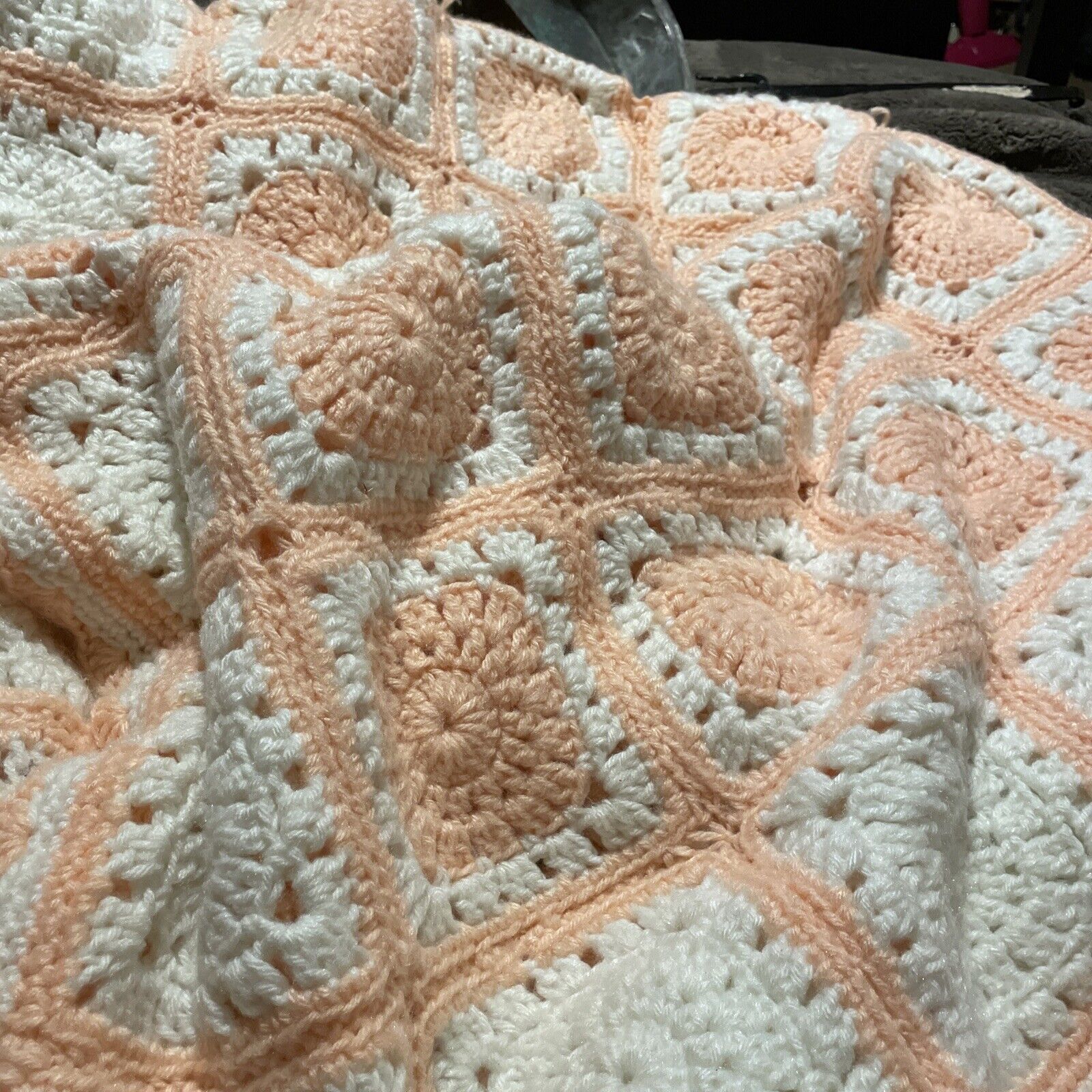 Vintage Peach And White Granny Square Blanket 62”X 43”