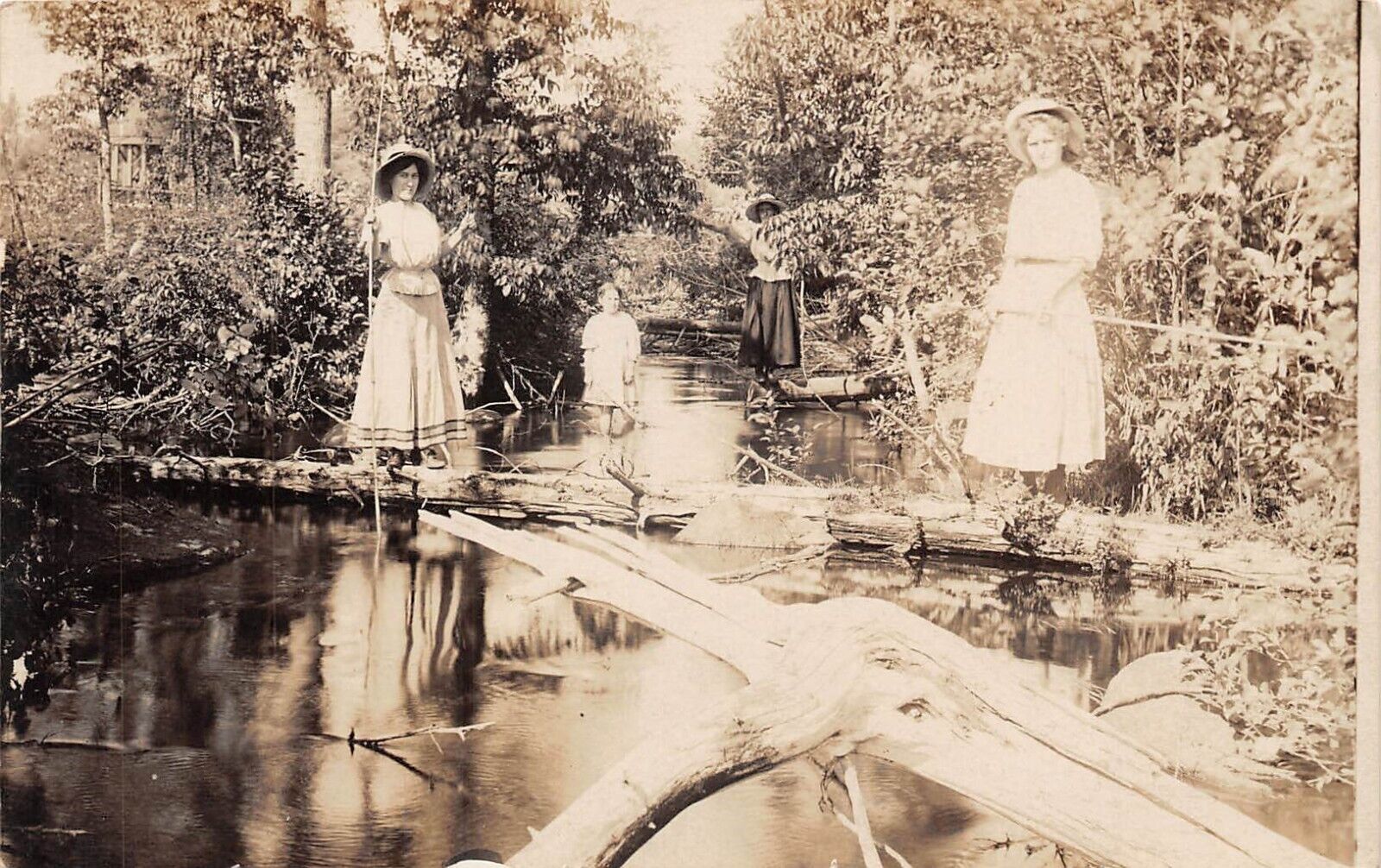 RPPC Women Standing on Logs in Creek c1910 Photo Postcard