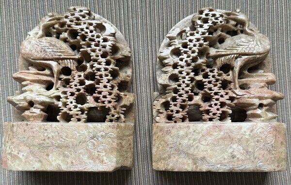 Antique Beige Chinese Carved Soapstone Bookends with deep relief birds + flowers