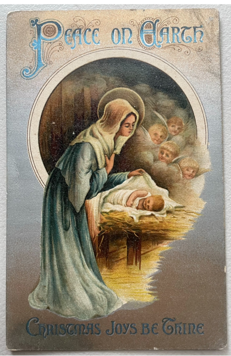 Mary Baby Jesus in Manger angel heads watching Christmas Postcard Peace on Earth